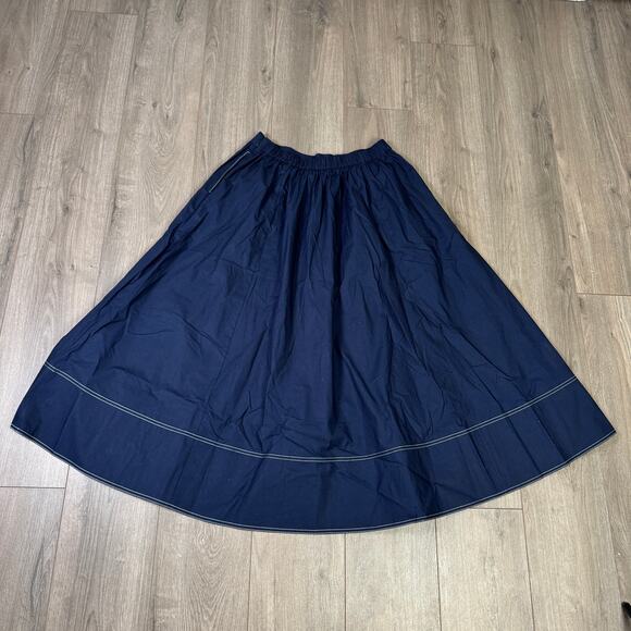 J.Crew Christina Midi Skirt 12T Blue Contrast Stitch Cotton Poplin Elastic Waist - Picture 4 of 6